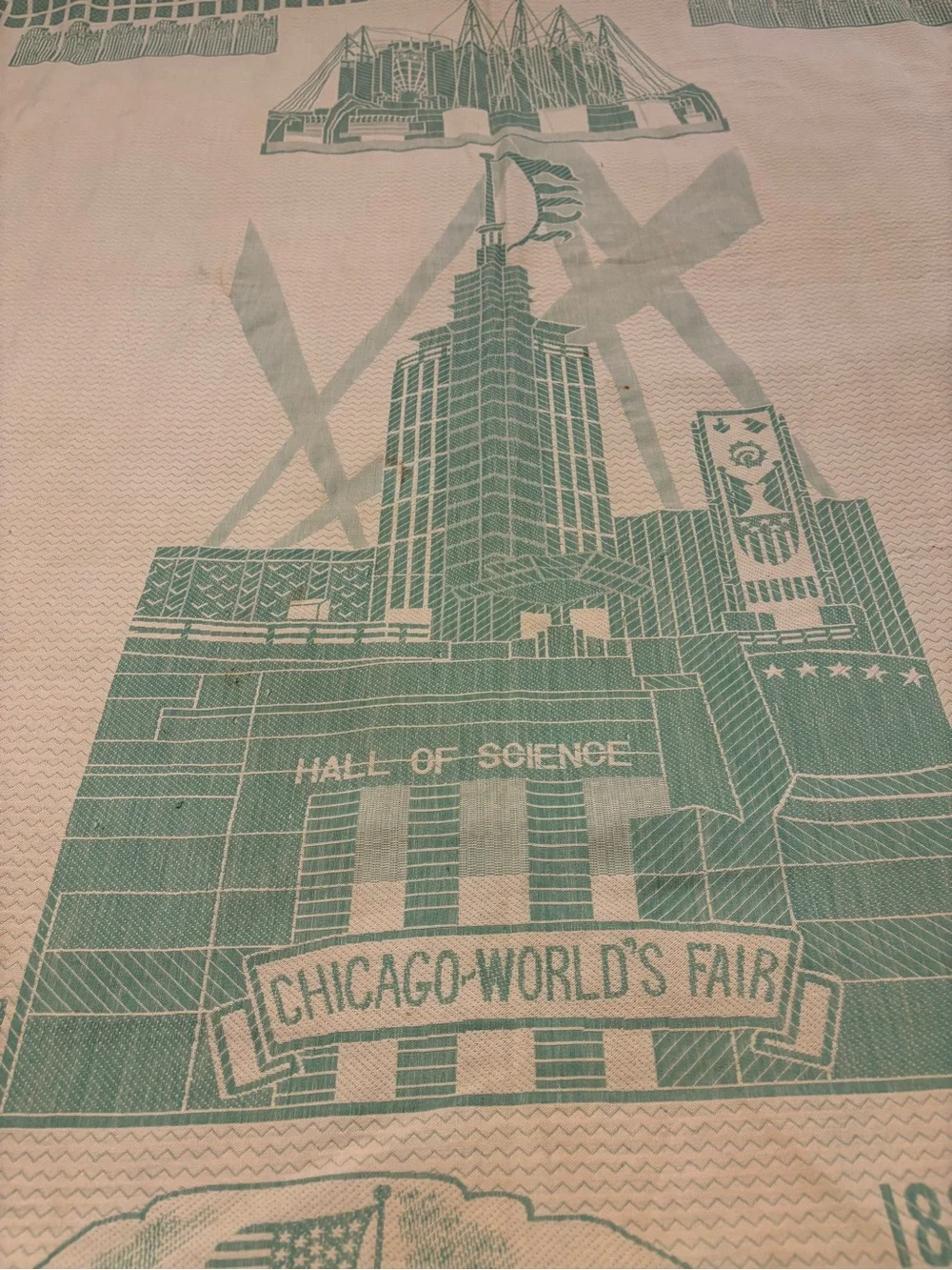 Vintage Chicago 1933 Authentic World’s Fair Jacquard Bedspread - Green & Cream